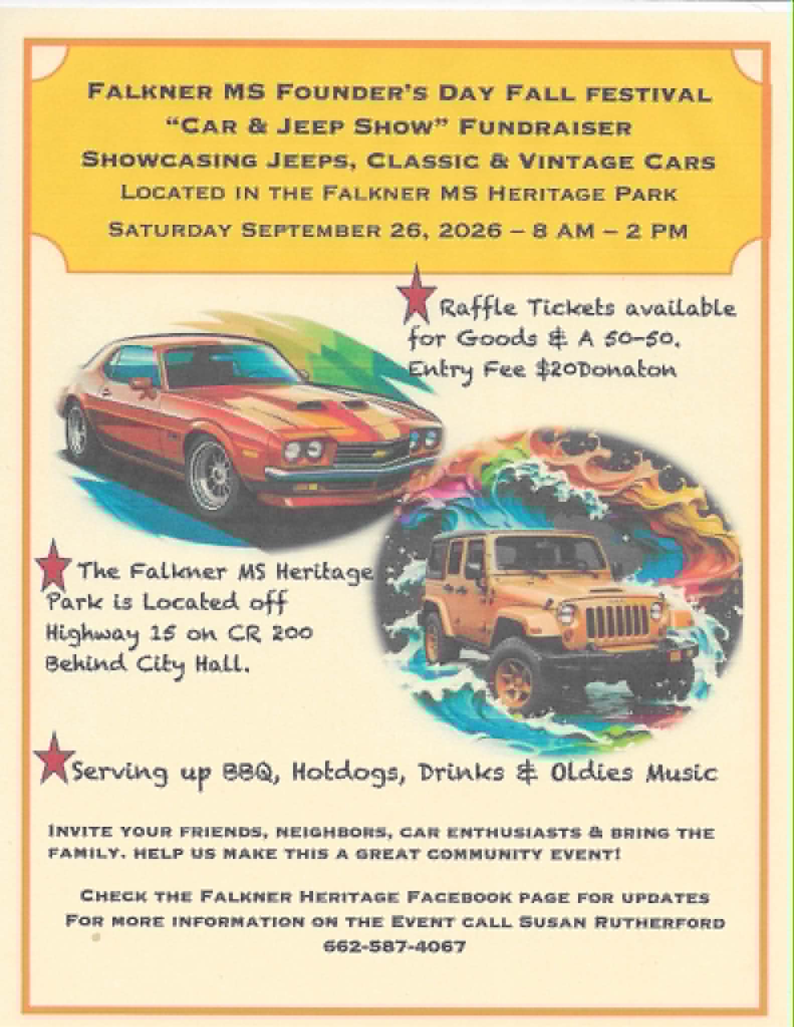 Flyer for the Falkner MS Founder&rsquo;s Day Fall Festival Car & Jeep Show fundraiser, Saturday September 26, 2026, 8 AM to 2 PM at the Falkner MS Heritage Park, with raffle tickets, a 50-50 drawing, a $20 donation entry fee, barbecue, hotdogs, drinks and oldies music.
