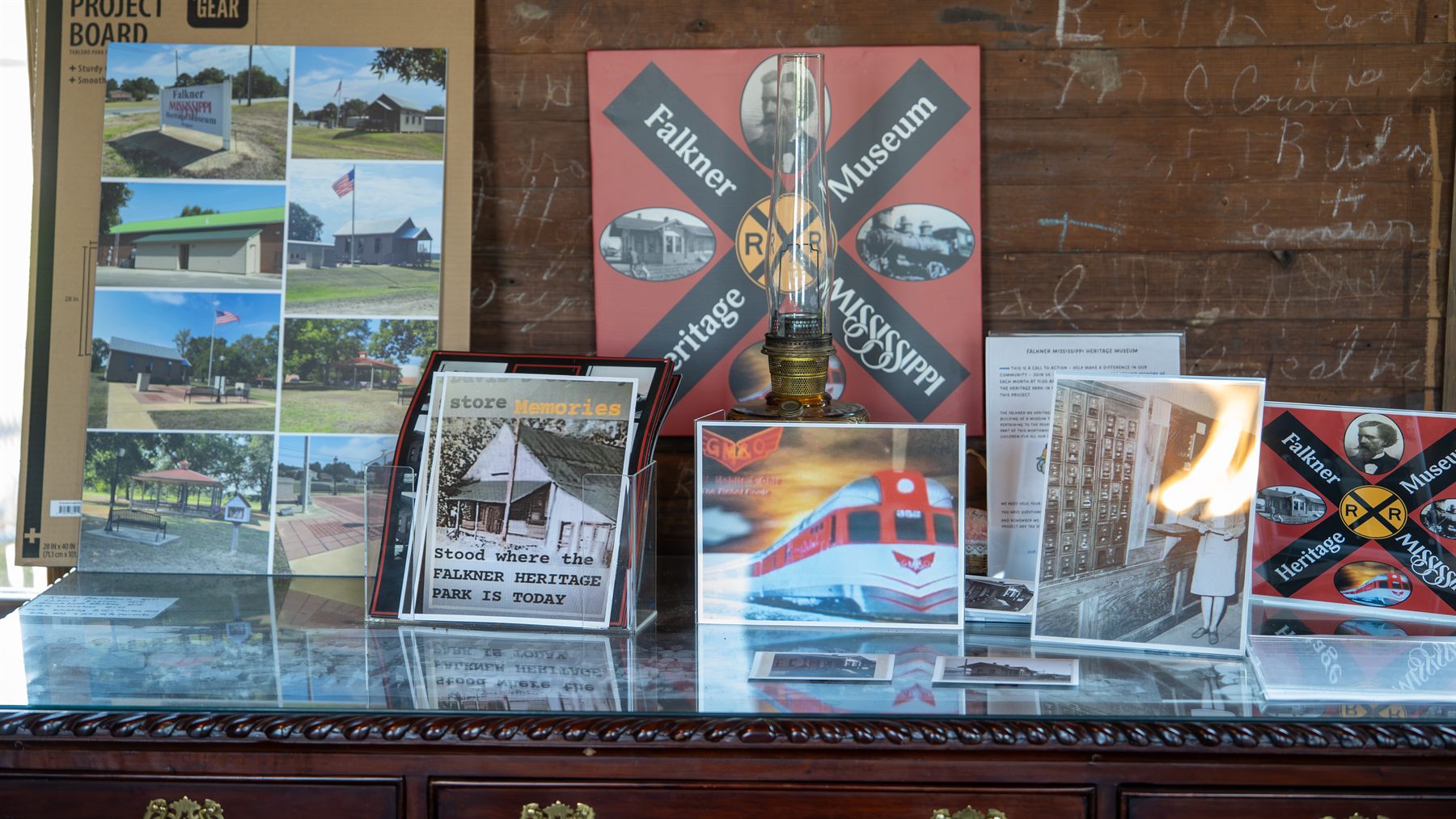 Museum display of Falkner railroad memorabilia, depot photographs and heirlooms.
